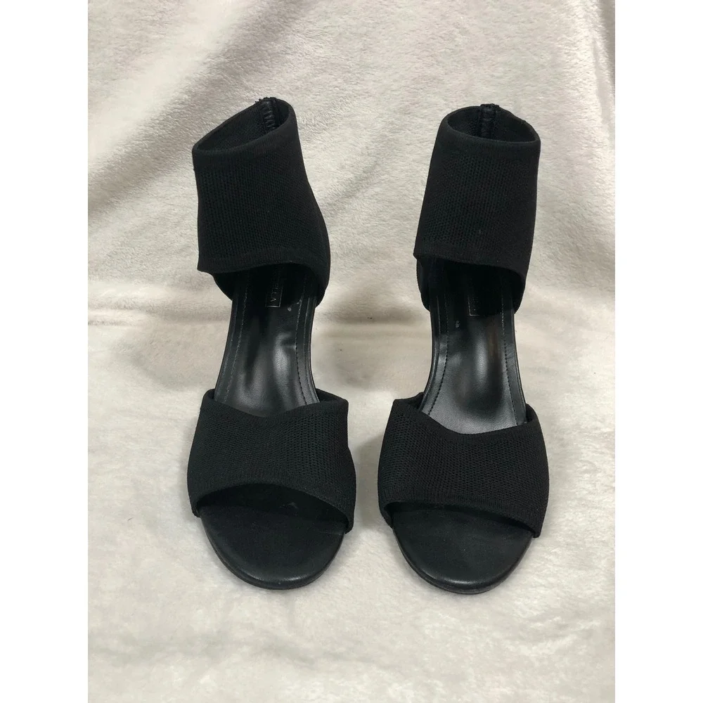 Newbella Stiletto Sandals Women 8 Black Knit Stretch Ankle Wrap Open Toe